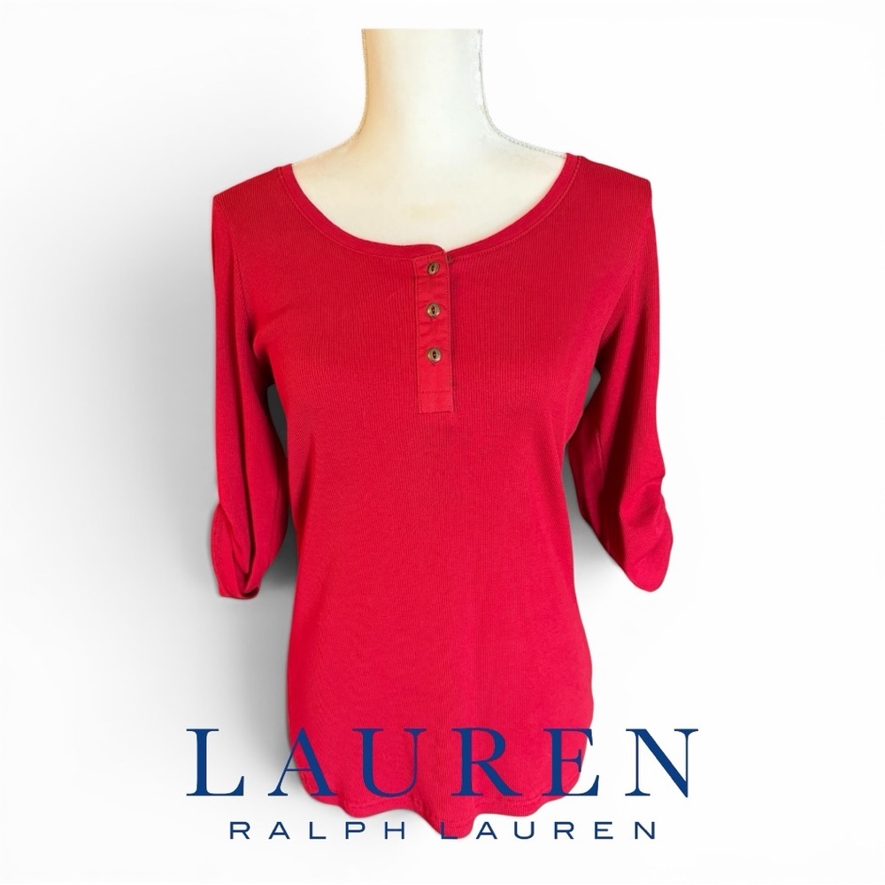 Lauren Ralph Lauren Bright Red Henley Button-Front Top